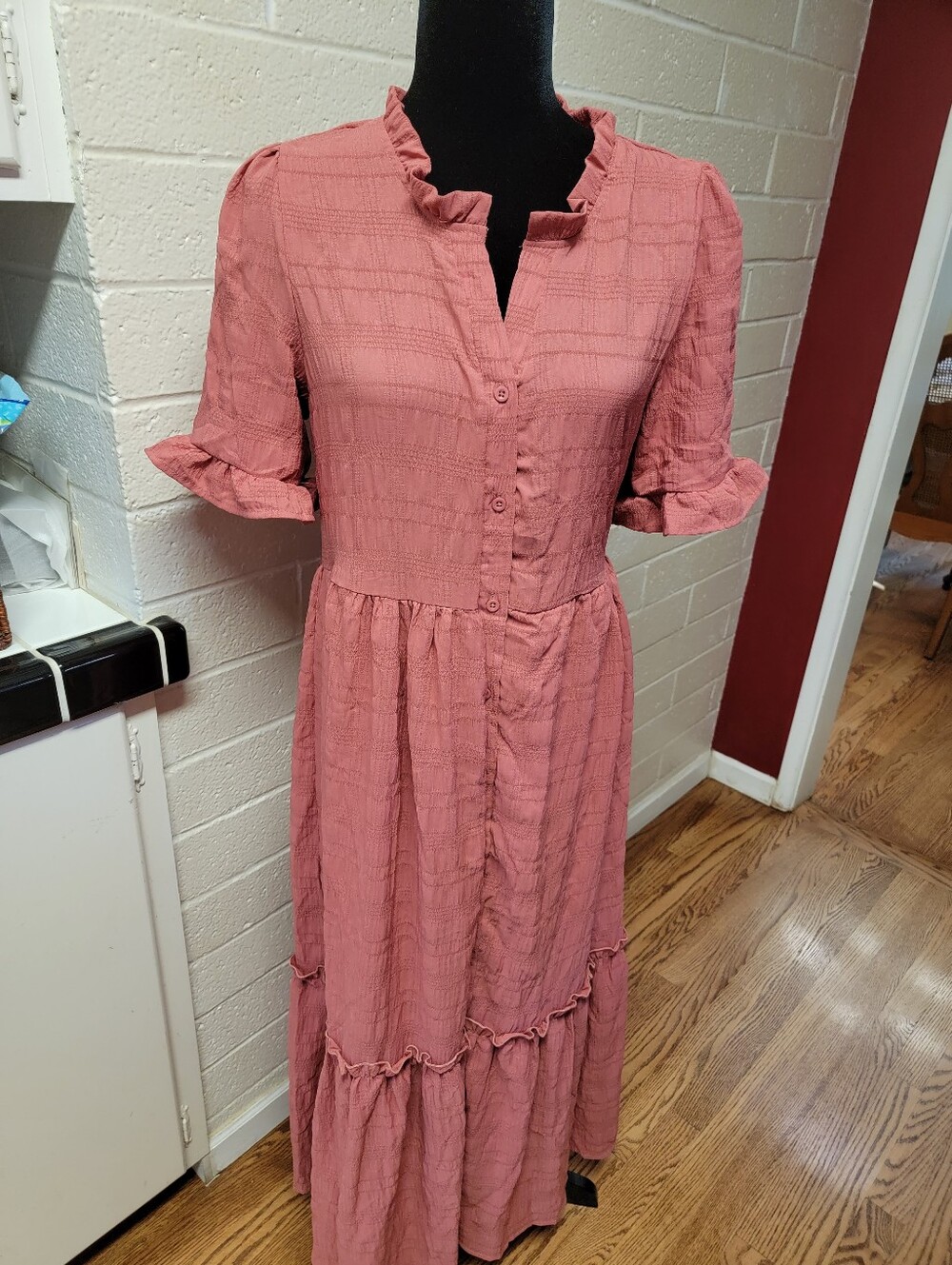 Ruffled Coral/Pink Maxi Dress with Button-Front Detail